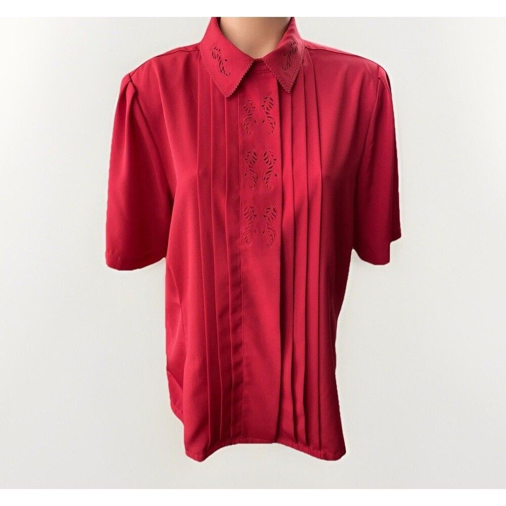 Yves St. Clair Vintage Red Blouse Size L Laser Cut Floral Button Up Shirt